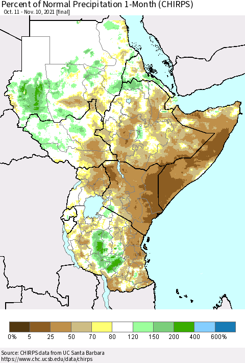 Eastern Africa Percent of Normal Precipitation 1-Month (CHIRPS) Thematic Map For 10/11/2021 - 11/10/2021