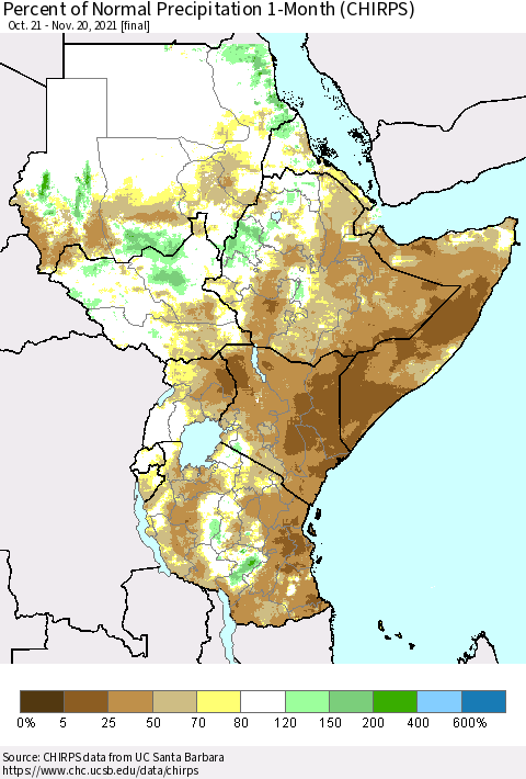 Eastern Africa Percent of Normal Precipitation 1-Month (CHIRPS) Thematic Map For 10/21/2021 - 11/20/2021