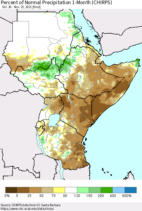 Eastern Africa Percent of Normal Precipitation 1-Month (CHIRPS) Thematic Map For 10/26/2021 - 11/25/2021