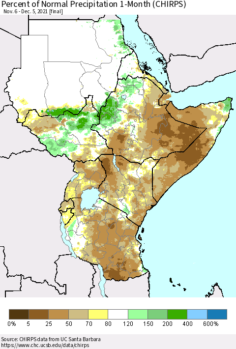 Eastern Africa Percent of Normal Precipitation 1-Month (CHIRPS) Thematic Map For 11/6/2021 - 12/5/2021