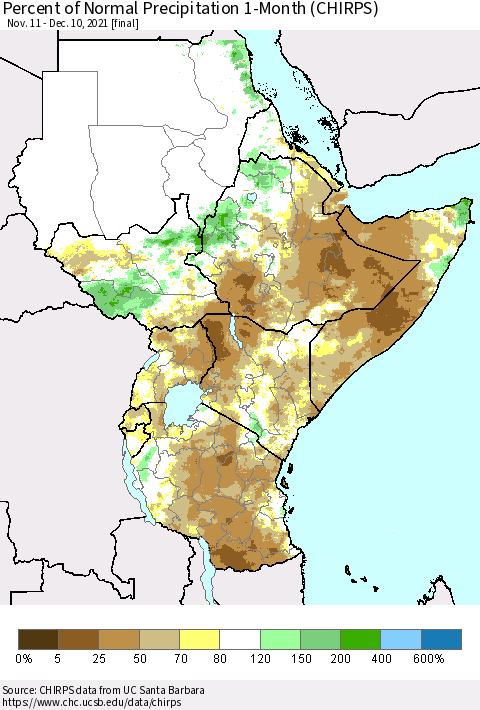Eastern Africa Percent of Normal Precipitation 1-Month (CHIRPS) Thematic Map For 11/11/2021 - 12/10/2021