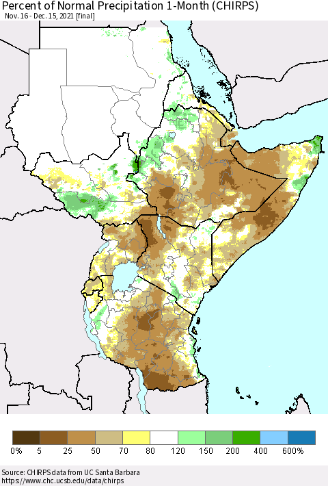 Eastern Africa Percent of Normal Precipitation 1-Month (CHIRPS) Thematic Map For 11/16/2021 - 12/15/2021