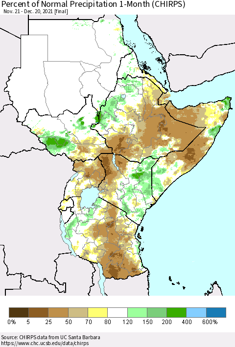 Eastern Africa Percent of Normal Precipitation 1-Month (CHIRPS) Thematic Map For 11/21/2021 - 12/20/2021