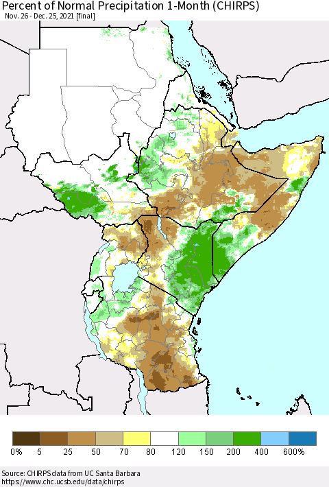 Eastern Africa Percent of Normal Precipitation 1-Month (CHIRPS) Thematic Map For 11/26/2021 - 12/25/2021