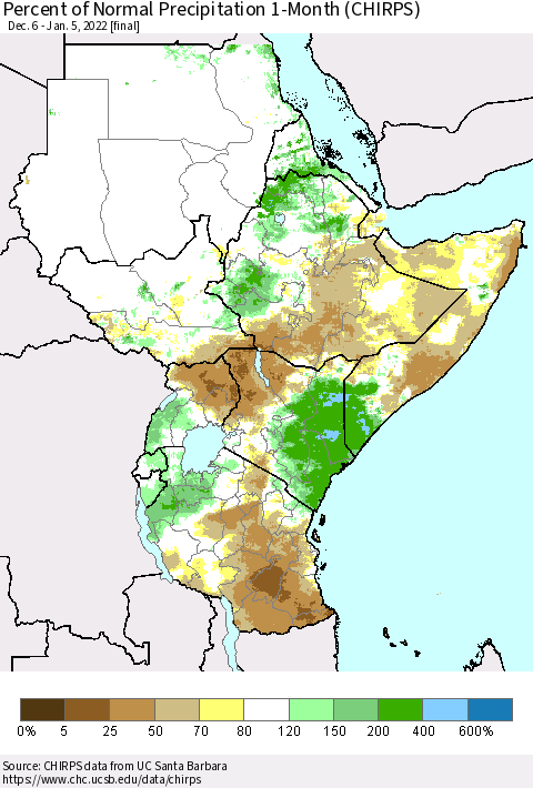 Eastern Africa Percent of Normal Precipitation 1-Month (CHIRPS) Thematic Map For 12/6/2021 - 1/5/2022