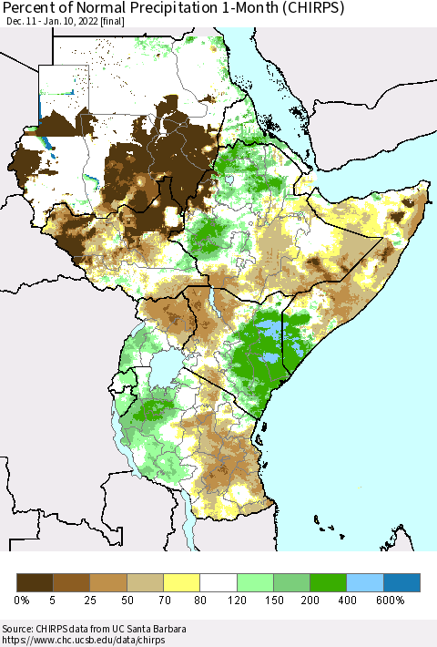 Eastern Africa Percent of Normal Precipitation 1-Month (CHIRPS) Thematic Map For 12/11/2021 - 1/10/2022