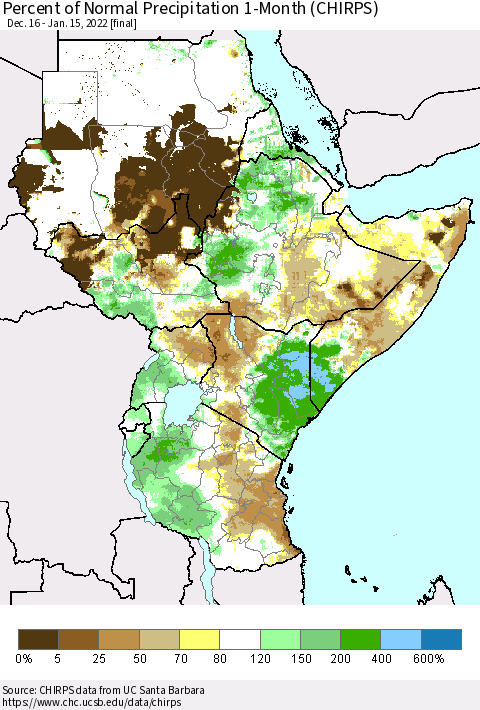 Eastern Africa Percent of Normal Precipitation 1-Month (CHIRPS) Thematic Map For 12/16/2021 - 1/15/2022