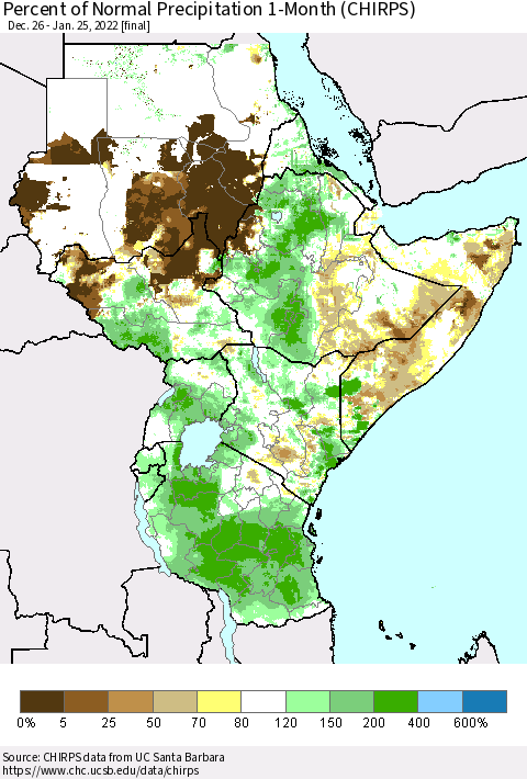 Eastern Africa Percent of Normal Precipitation 1-Month (CHIRPS) Thematic Map For 12/26/2021 - 1/25/2022