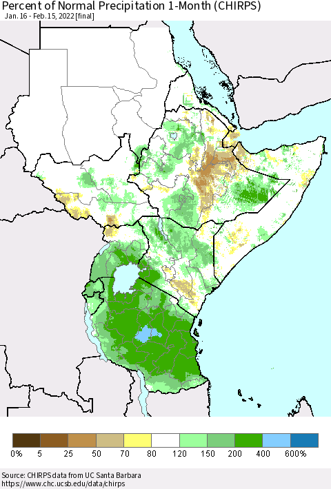 Eastern Africa Percent of Normal Precipitation 1-Month (CHIRPS) Thematic Map For 1/16/2022 - 2/15/2022