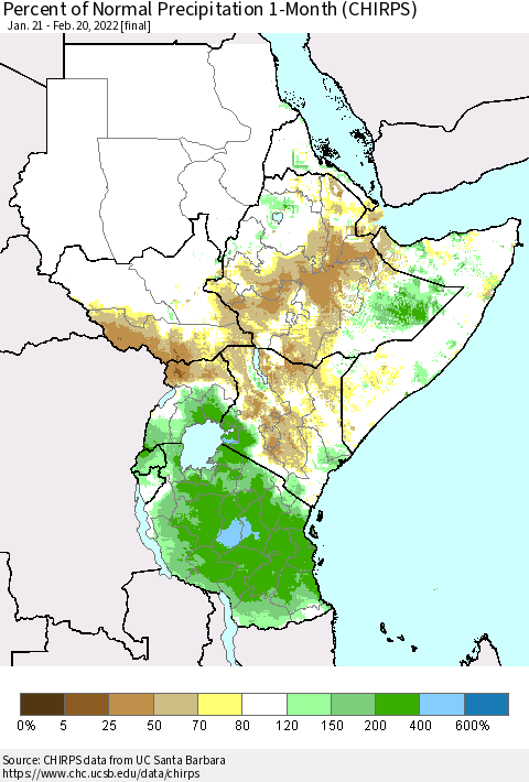 Eastern Africa Percent of Normal Precipitation 1-Month (CHIRPS) Thematic Map For 1/21/2022 - 2/20/2022