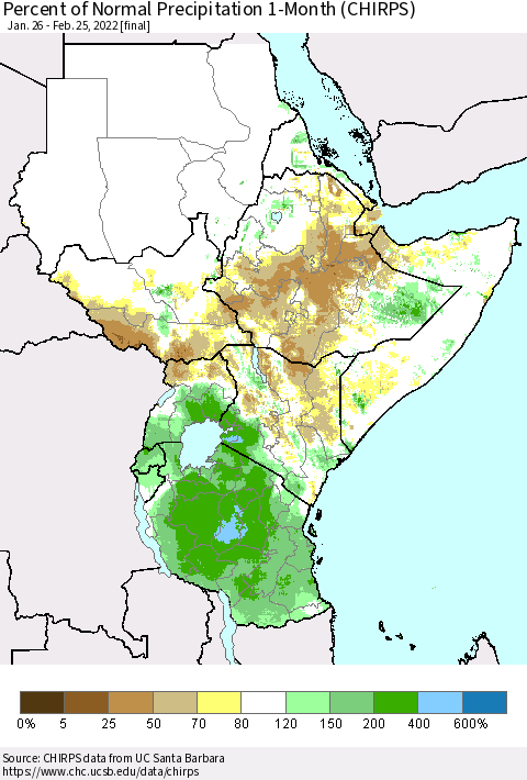 Eastern Africa Percent of Normal Precipitation 1-Month (CHIRPS) Thematic Map For 1/26/2022 - 2/25/2022