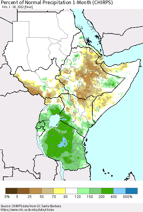 Eastern Africa Percent of Normal Precipitation 1-Month (CHIRPS) Thematic Map For 2/1/2022 - 2/28/2022