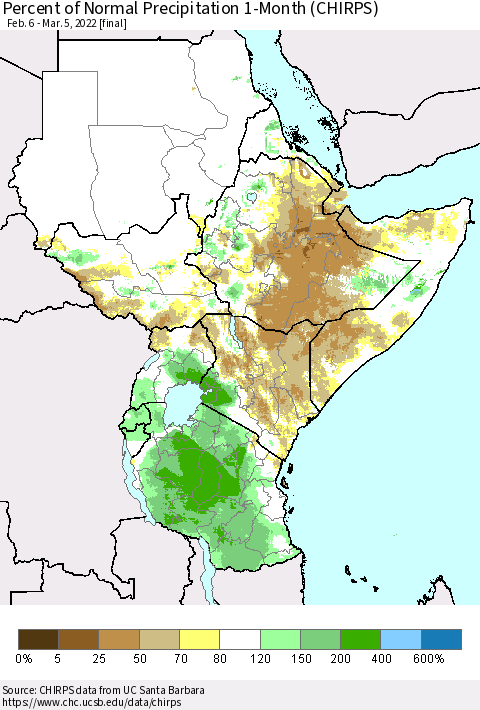 Eastern Africa Percent of Normal Precipitation 1-Month (CHIRPS) Thematic Map For 2/6/2022 - 3/5/2022
