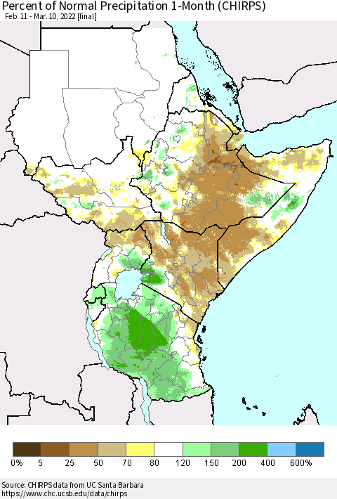 Eastern Africa Percent of Normal Precipitation 1-Month (CHIRPS) Thematic Map For 2/11/2022 - 3/10/2022