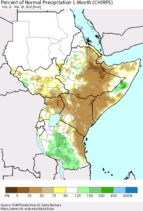 Eastern Africa Percent of Normal Precipitation 1-Month (CHIRPS) Thematic Map For 2/21/2022 - 3/20/2022