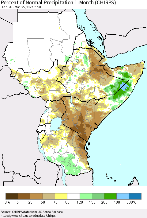 Eastern Africa Percent of Normal Precipitation 1-Month (CHIRPS) Thematic Map For 2/26/2022 - 3/25/2022