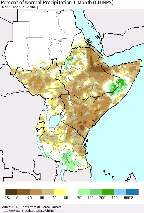 Eastern Africa Percent of Normal Precipitation 1-Month (CHIRPS) Thematic Map For 3/6/2022 - 4/5/2022