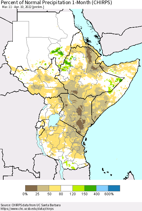 Eastern Africa Percent of Normal Precipitation 1-Month (CHIRPS) Thematic Map For 3/11/2022 - 4/10/2022