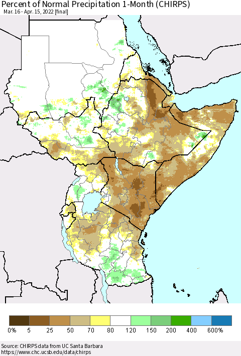 Eastern Africa Percent of Normal Precipitation 1-Month (CHIRPS) Thematic Map For 3/16/2022 - 4/15/2022