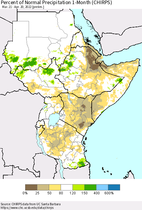 Eastern Africa Percent of Normal Precipitation 1-Month (CHIRPS) Thematic Map For 3/21/2022 - 4/20/2022