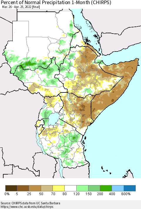 Eastern Africa Percent of Normal Precipitation 1-Month (CHIRPS) Thematic Map For 3/26/2022 - 4/25/2022