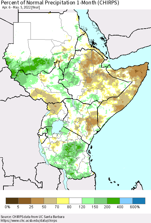 Eastern Africa Percent of Normal Precipitation 1-Month (CHIRPS) Thematic Map For 4/6/2022 - 5/5/2022
