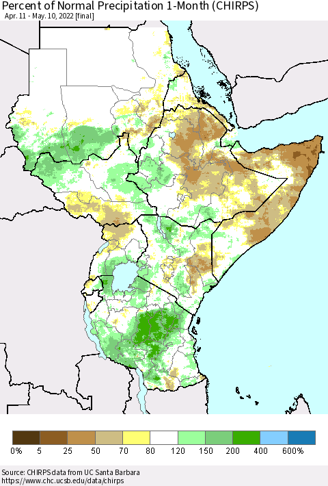 Eastern Africa Percent of Normal Precipitation 1-Month (CHIRPS) Thematic Map For 4/11/2022 - 5/10/2022