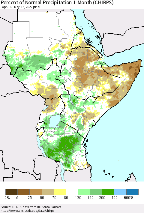 Eastern Africa Percent of Normal Precipitation 1-Month (CHIRPS) Thematic Map For 4/16/2022 - 5/15/2022