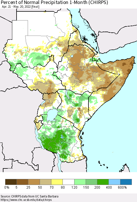 Eastern Africa Percent of Normal Precipitation 1-Month (CHIRPS) Thematic Map For 4/21/2022 - 5/20/2022