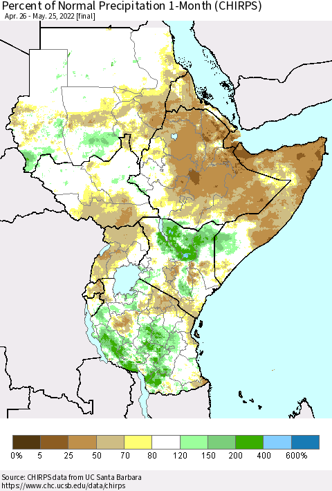 Eastern Africa Percent of Normal Precipitation 1-Month (CHIRPS) Thematic Map For 4/26/2022 - 5/25/2022