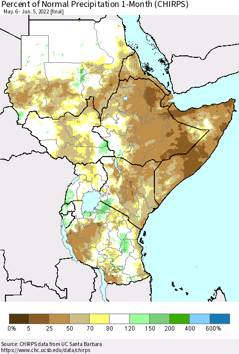 Eastern Africa Percent of Normal Precipitation 1-Month (CHIRPS) Thematic Map For 5/6/2022 - 6/5/2022
