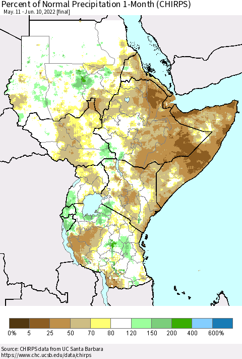Eastern Africa Percent of Normal Precipitation 1-Month (CHIRPS) Thematic Map For 5/11/2022 - 6/10/2022