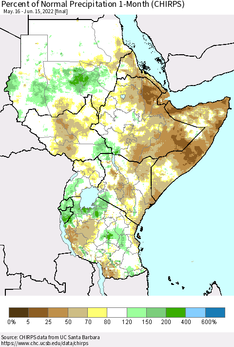 Eastern Africa Percent of Normal Precipitation 1-Month (CHIRPS) Thematic Map For 5/16/2022 - 6/15/2022