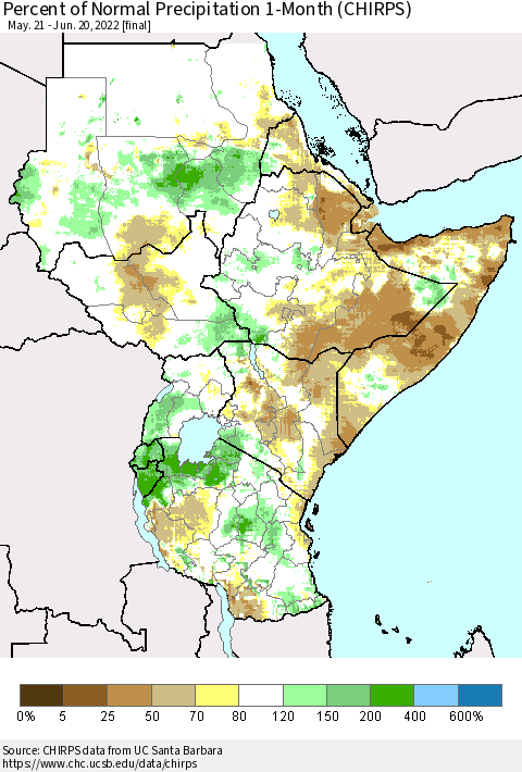 Eastern Africa Percent of Normal Precipitation 1-Month (CHIRPS) Thematic Map For 5/21/2022 - 6/20/2022