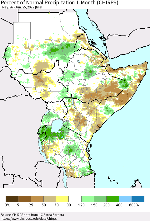 Eastern Africa Percent of Normal Precipitation 1-Month (CHIRPS) Thematic Map For 5/26/2022 - 6/25/2022