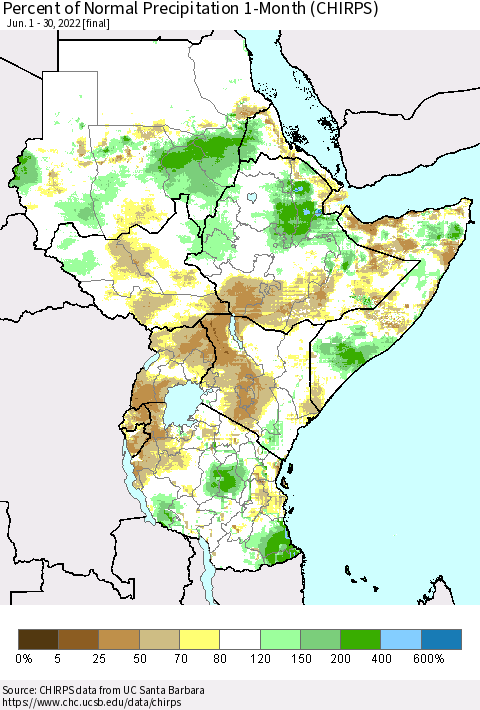 Eastern Africa Percent of Normal Precipitation 1-Month (CHIRPS) Thematic Map For 6/1/2022 - 6/30/2022