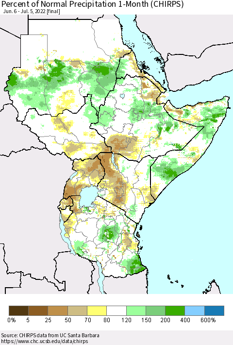 Eastern Africa Percent of Normal Precipitation 1-Month (CHIRPS) Thematic Map For 6/6/2022 - 7/5/2022
