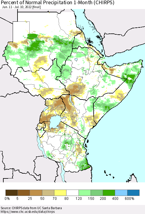 Eastern Africa Percent of Normal Precipitation 1-Month (CHIRPS) Thematic Map For 6/11/2022 - 7/10/2022