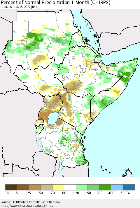 Eastern Africa Percent of Normal Precipitation 1-Month (CHIRPS) Thematic Map For 6/16/2022 - 7/15/2022