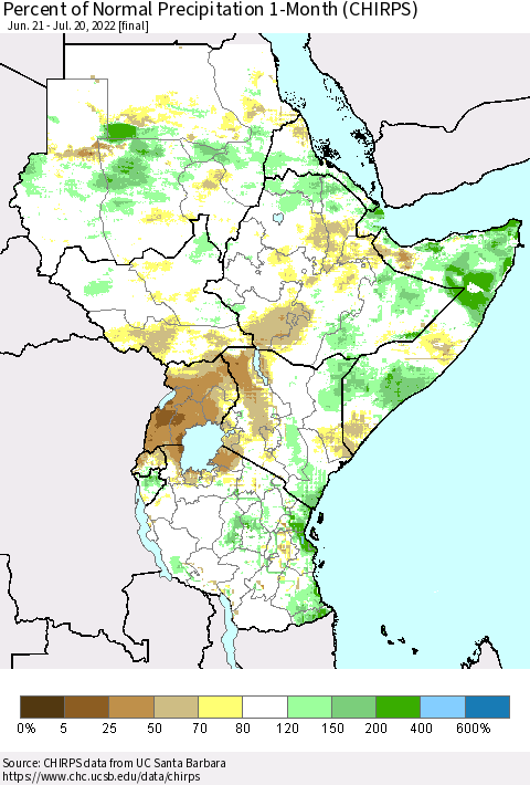 Eastern Africa Percent of Normal Precipitation 1-Month (CHIRPS) Thematic Map For 6/21/2022 - 7/20/2022