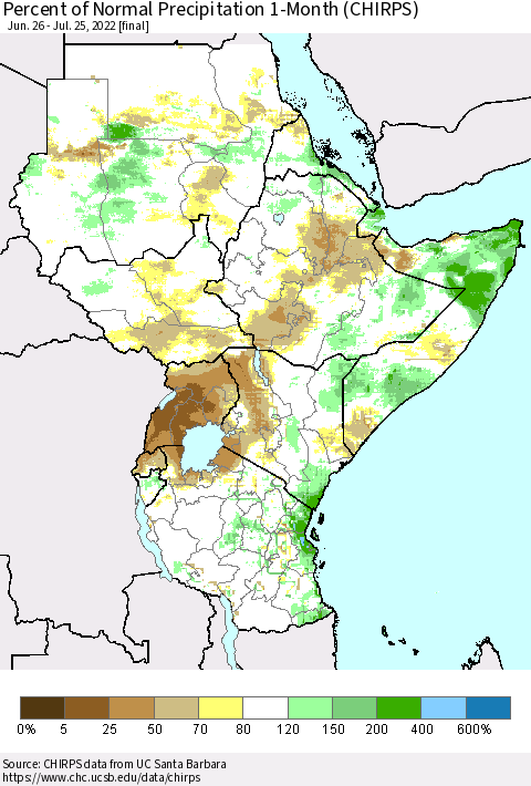 Eastern Africa Percent of Normal Precipitation 1-Month (CHIRPS) Thematic Map For 6/26/2022 - 7/25/2022