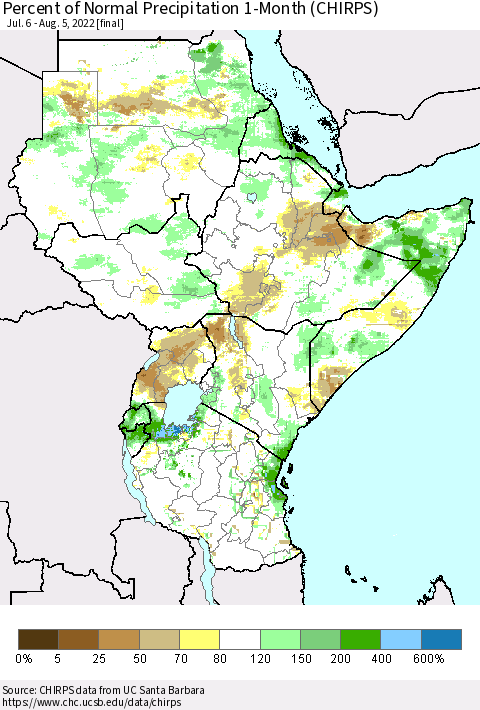 Eastern Africa Percent of Normal Precipitation 1-Month (CHIRPS) Thematic Map For 7/6/2022 - 8/5/2022