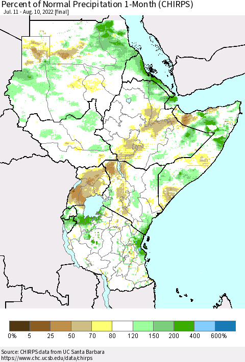 Eastern Africa Percent of Normal Precipitation 1-Month (CHIRPS) Thematic Map For 7/11/2022 - 8/10/2022