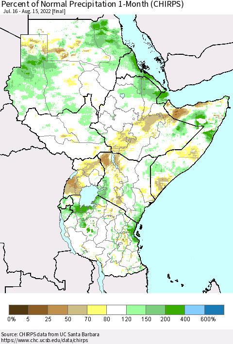 Eastern Africa Percent of Normal Precipitation 1-Month (CHIRPS) Thematic Map For 7/16/2022 - 8/15/2022