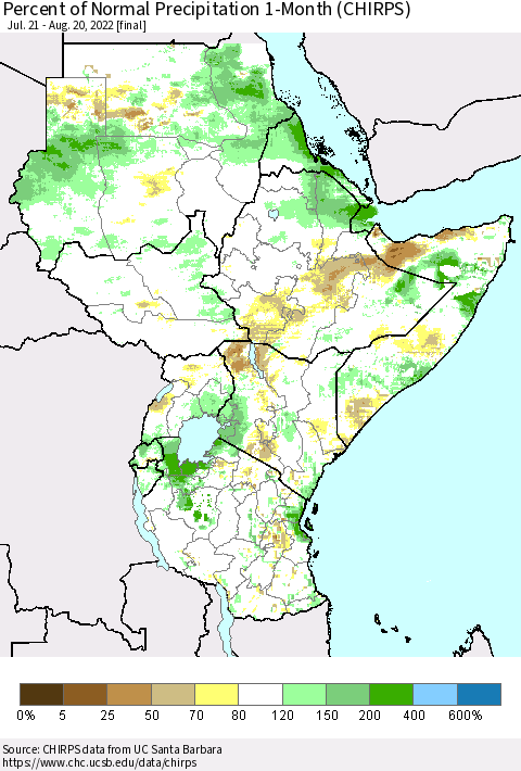 Eastern Africa Percent of Normal Precipitation 1-Month (CHIRPS) Thematic Map For 7/21/2022 - 8/20/2022