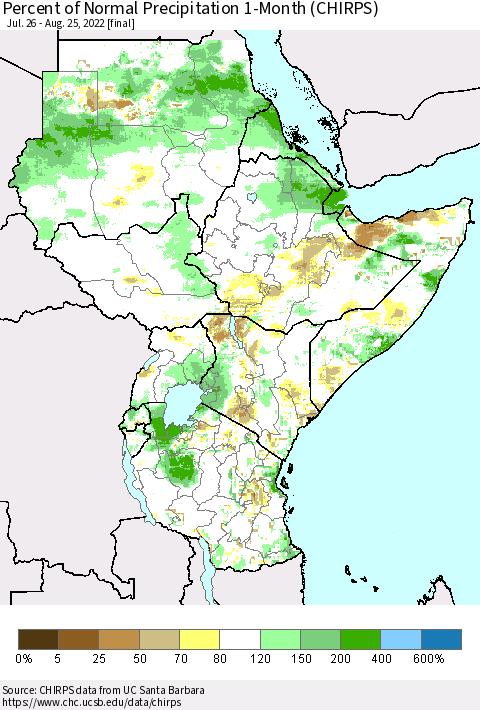 Eastern Africa Percent of Normal Precipitation 1-Month (CHIRPS) Thematic Map For 7/26/2022 - 8/25/2022