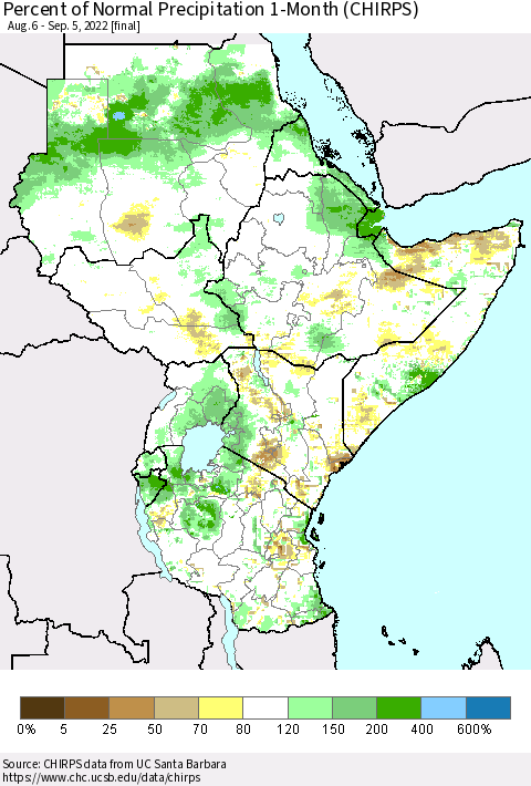 Eastern Africa Percent of Normal Precipitation 1-Month (CHIRPS) Thematic Map For 8/6/2022 - 9/5/2022