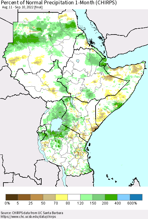 Eastern Africa Percent of Normal Precipitation 1-Month (CHIRPS) Thematic Map For 8/11/2022 - 9/10/2022
