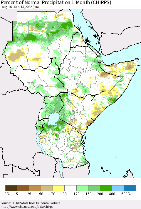 Eastern Africa Percent of Normal Precipitation 1-Month (CHIRPS) Thematic Map For 8/16/2022 - 9/15/2022