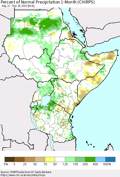 Eastern Africa Percent of Normal Precipitation 1-Month (CHIRPS) Thematic Map For 8/21/2022 - 9/20/2022